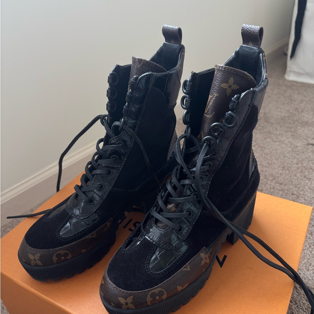 Louis Vuitton black suede combat boots